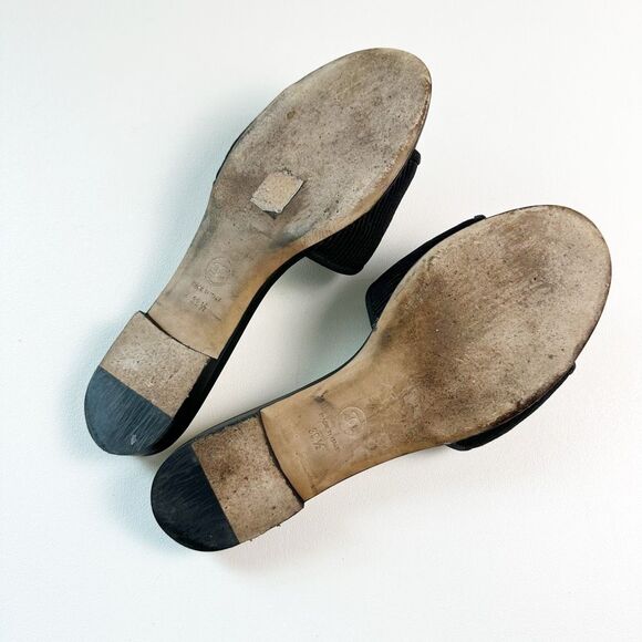 CHANEL Black Ribbed Embroidered CC Sandals Size 39.5 Mules Open Toe Slides Bow - Picture 10 of 12